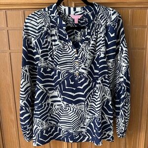 NEW! Lily Pulitzer Navy and White Abstract Umbrella Print Blouse XS